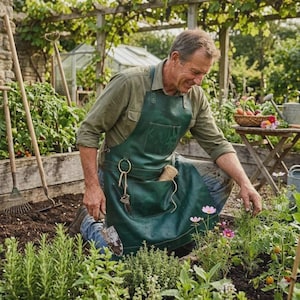 May include: A dark green leather apron featuring a large chest pocket, a waist pocket, and a metal ring attachment for tools. The apron is worn over a long-sleeved olive shirt and blue jeans while working in a garden with various plants.