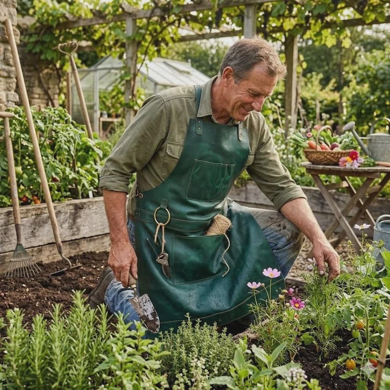 May include: A dark green leather apron featuring a large chest pocket, a waist pocket, and a metal ring attachment for tools. The apron is worn over a long-sleeved olive shirt and blue jeans while working in a garden with various plants.