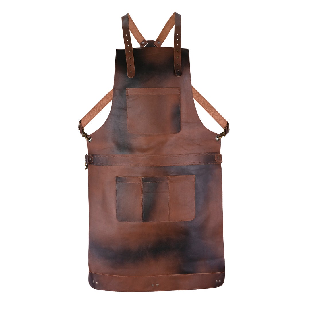Handmade Real Leather Apron – Butcher BBQ Cooking Apron, Unisex Brown-Green, Regular Fit