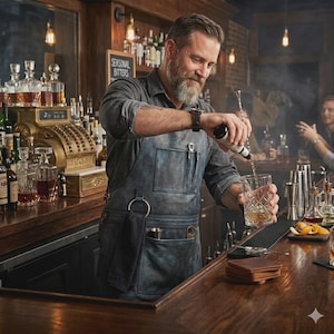May include: A dark blue, multi-pocketed canvas apron with a metal towel ring, worn over a long-sleeved shirt. The apron features a chest pocket with pen slots and a large lower pocket, providing a functional design for a professional setting.