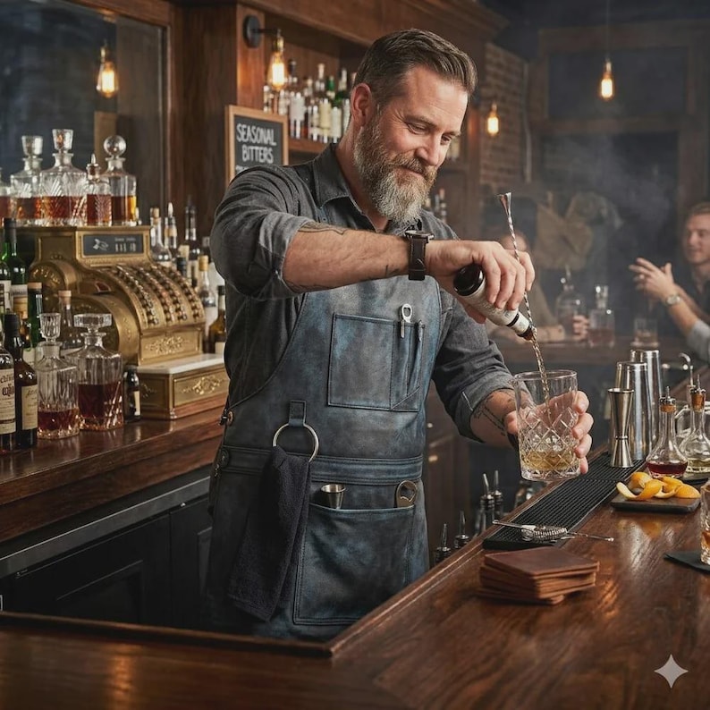May include: A dark blue, multi-pocketed canvas apron with a metal towel ring, worn over a long-sleeved shirt. The apron features a chest pocket with pen slots and a large lower pocket, providing a functional design for a professional setting.