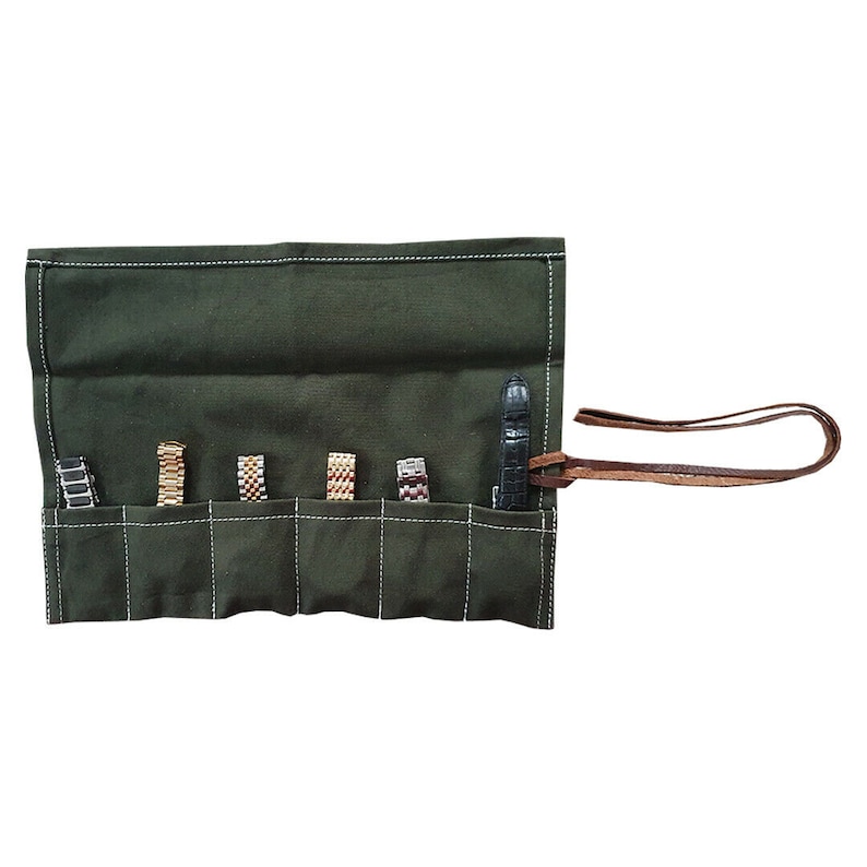 Canvas Travel Watch Roll, Canvas Storage Watch Roll, Watch Holder Gift Canvas Watch Roll with handmade Leather Strip image 7