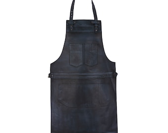 Delantal de cuero de grano completo encerado negro Delantal de carnicero Delantal de chef Delantal de barbacoa Delantal de bricolaje Delantal de barbero Delantal de herrero Delantal de carpintería Regalo