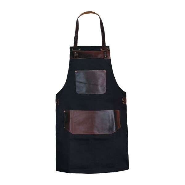 Full Grain Leather Black Canvas Apron Butcher Apron - Cook Apron - BBQ Apron - Cooking Apron - Hairstylist Apron - Bid Apron - Cheff apron