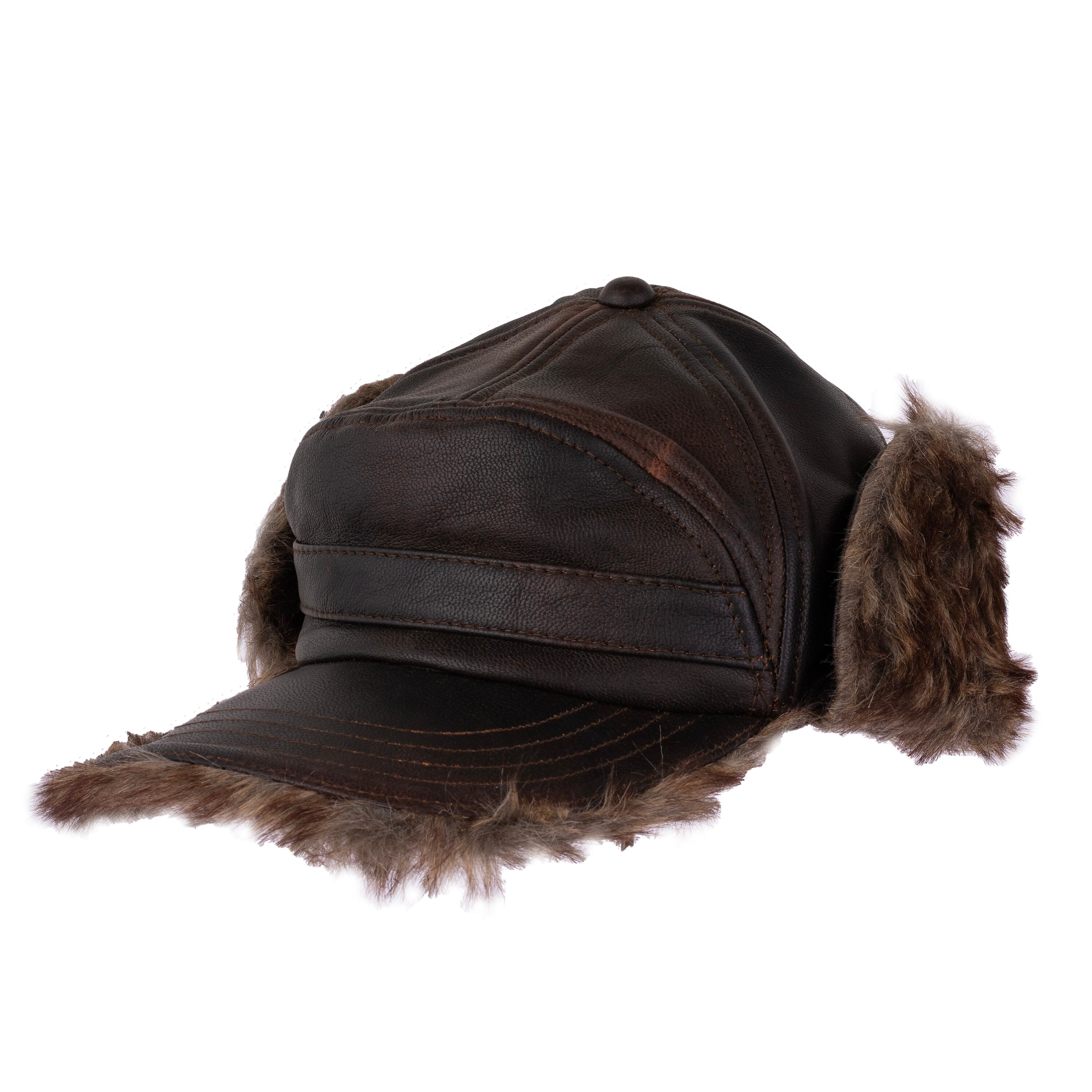 Handmade Leather Winter Baseball Cap Earflap Fitted Hats Men Soft