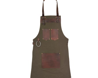 Top Grain Leather Green Canvas Apron Butcher Apron - Cook Apron - BBQ Apron - Cooking Apron - Hairstylist Apron - Bib Apron - Cheff apron