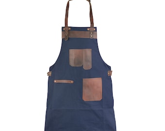 Top Grain Leather Blue Canvas Apron Butcher Apron - Cook Apron - BBQ Apron - Cooking Apron - Blacksmith Apron - Woodwork Apron - Christmas