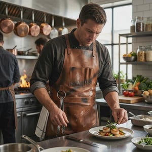 May include: A brown leather apron with a chest pocket, two lower pockets, and a metal ring for hanging kitchen tools. The apron features adjustable straps with metal buckles and a distressed finish, worn over a dark long-sleeve shirt.