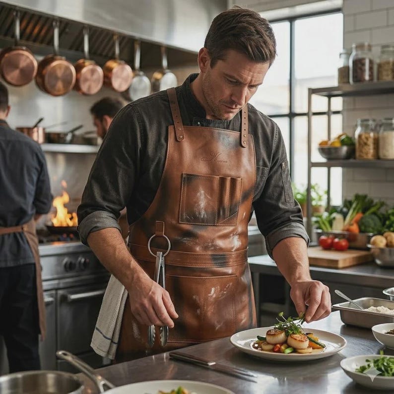 May include: A brown leather apron with a chest pocket, two lower pockets, and a metal ring for hanging kitchen tools. The apron features adjustable straps with metal buckles and a distressed finish, worn over a dark long-sleeve shirt.