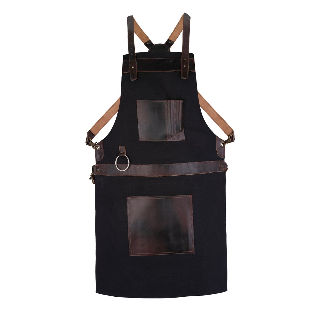 Full Grain Leather Black Canvas Apron Butcher Apron - Cook Apron - BBQ ...