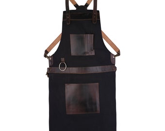 Full Grain Leather Black Canvas Apron Butcher Apron - Cook Apron - BBQ Apron - Cooking Apron - Hairstylist Apron - Bid Apron - Cheff apron