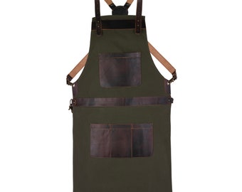 Green Canvas Apron Butcher Crossbody Apron - Cook Apron - BBQ Apron - Hairstylist Apron - DIY Apron - Chef apron - Woodworking apron