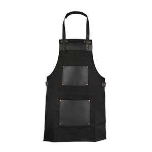 Black Canvas Apron With Black Full Grain Leather Pocket Cooking Apron Hairstylist Apron Barber Apron Gift woodwork apron waiter apron