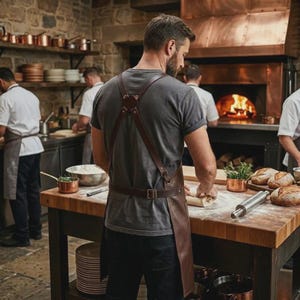 May include: A dark brown leather apron with adjustable crisscross straps and a waist buckle, worn over a gray t-shirt and black pants. The apron features a sturdy construction with metal hardware, designed for kitchen use in a professional setting.