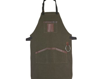Top Grain Leather Green Canvas Apron Butcher Apron - Woodwork Apron - BBQ Apron - Cooking Apron - Baking Apron - Cook Apron - Christmas