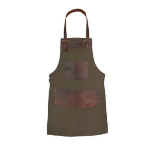 Full Grain Leather Green Canvas Apron Butcher Apron - Cook Apron - BBQ Apron - Cooking Apron - Hairstylist Apron - Bid Apron - Cheff apron