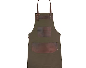 Full Grain Leather Green Canvas Apron Butcher Apron - Cook Apron - BBQ Apron - Cooking Apron - Hairstylist Apron - Bid Apron - Chef apron