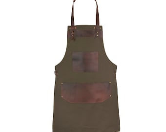 Full Grain Leather Green Canvas Apron Butcher Apron - Cook Apron - BBQ Apron - Cooking Apron - Hairstylist Apron - Bid Apron - Cheff apron