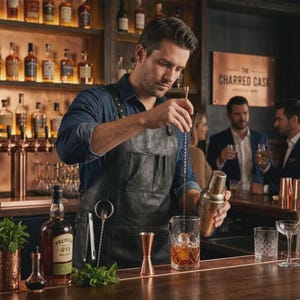 May include: A black leather apron with multiple pockets, a metal ring, and a long strap, worn over a blue denim shirt. The apron features a structured design with visible stitching and is used in a bar setting with various cocktail tools.