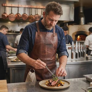 May include: A brown leather apron with adjustable shoulder straps, a central chest pocket, and a side loop holding a light-colored cloth. The apron features a smooth, matte finish and is worn over a dark blue long-sleeved shirt while plating food.