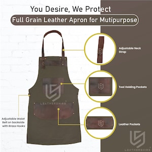Top Grain Leather Green Canvas Apron Butcher Apron - Cook Apron - BBQ Apron - Cooking Apron - Blacksmith Apron - Woodwork Apron - Christmas