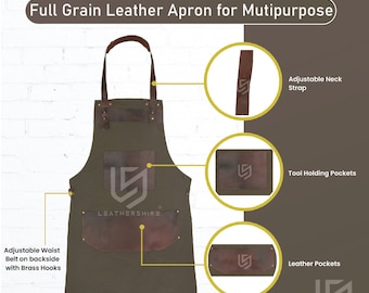 Top Grain Leather Green Canvas Apron Butcher Apron - Cook Apron - BBQ Apron - Cooking Apron - Blacksmith Apron - Woodwork Apron - Christmas