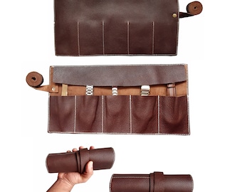 Top Grain Leather Natural Dark Brown 5 Pocket Watch Roll for Travel & Storage Box Gift for him Christmas Gift