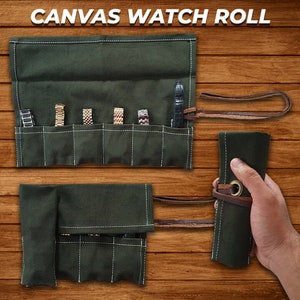 Canvas Travel Watch Roll, Canvas Storage Watch Roll, Watch Holder Christmas Gift  Canvas Watch Roll with handmade Leather Strip