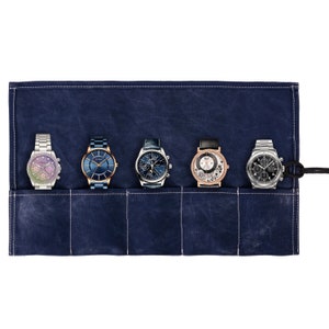Waxed Canvas Blue Travel Watch Roll, Canvas Storage Watch Roll, Watch Holder Christmas Gift  Canvas Watch Roll with handmade Leather Strip
