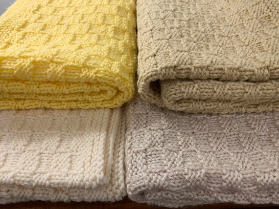 Basketweave Baby Blanket With Garter Stitch Border Hand Knitted 4 Colors