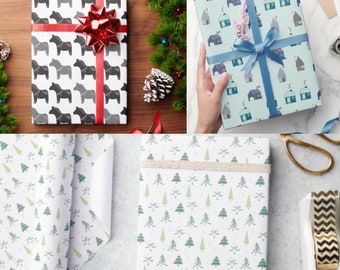 Hand Illustrated Holiday Gift Wrapping Paper (30" x 6'-60' matte rolls) 3 patterns: Swedish Dala Horse, Pine Tree Forest, Cabins and Saunas