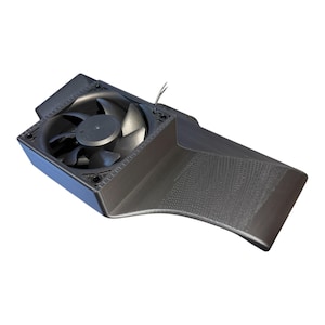 May include: A black computer fan with a curved, textured housing. The fan has multiple blades and is designed to cool electronic components. Wires extend from the fan.