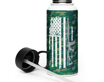 Veteran USA Flag Stainless steel water bottle with a straw lid