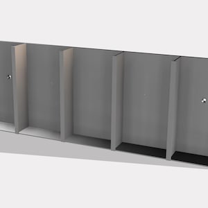 May include: A gray wooden wall unit with five compartments, each with a shelf and a small opening at the top. The unit is made of wood and has a simple, modern design.