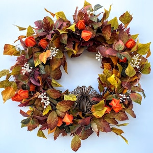 Fall Foilage wreath, Traditional fall wreath, HandMade traditional Color Fall Wreath, Berries and Orange Lantern flowers