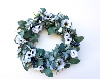 Year Round Lamb’s Ear and Eucalyptus Wreath, Year Round  Wreath, Aneome and Blueberries Farmhouse Wreath for Front Door