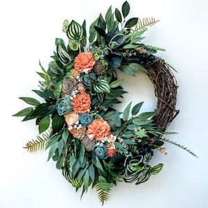 Sola Wood Flower wreath, Wall Décor, Blue, Grey, and Orange Hues, Everyday door wreath, Spring Wreath, House Warming Gift
