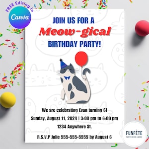 Editable Cat Birthday Invitation, Kitty Cat Birthday Invitation, Printable Invitation, Kitten Invitation, Cat Theme Invite, Boy or Girl