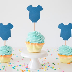 Blue Onesie Cupcake Toppers: Baby Shower Decorations - Set of 12