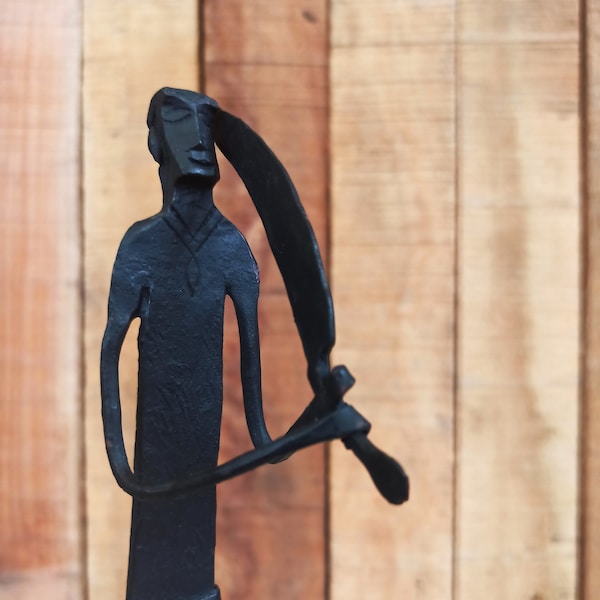 wrought Iron tribal Indian art figurine for Indian village man with sword | Miniature black figurine