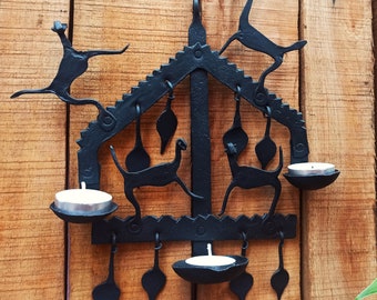 Wrought iron wall hanging candle holder| metal wall decor| Indian tribal art wall decor | Outdoor tealight candle holder wall decor
