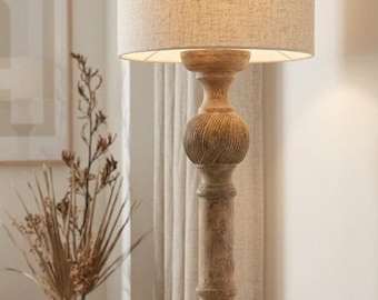 Hand Carved Wooden Lamp: Tall Vintage Metal Holder Base
