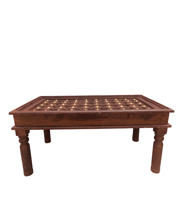 Indian Style Wood Coffee Table With Brass Inlay & Removable Legs