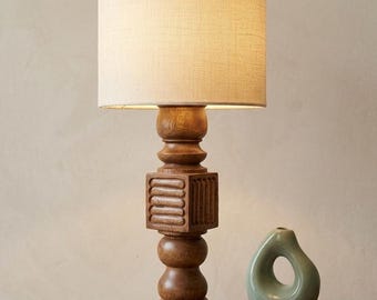 Hand Carved Wood Table Lamp: Mid-Century Art Deco Bedside Light