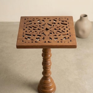 Hand-Carved Wooden Side Table, Solid Wood Accent Table, Intricate Floral Pedestal Table for Living Room or Bedroom Decor