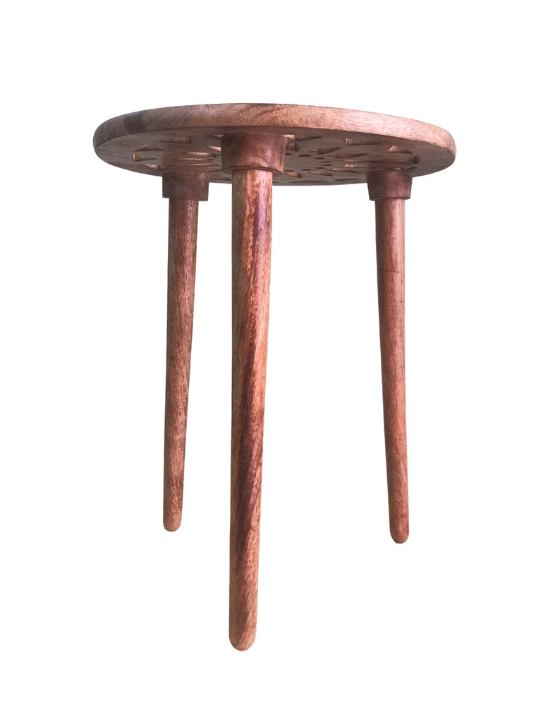 Hand Carved Round Coffee Table Wooden Foldable Table Boho Wooden Plant Standsolid Mango Wood