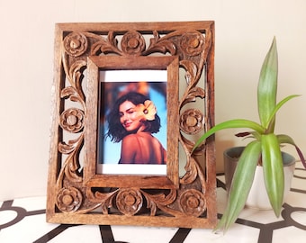 Ornate Carved Wooden Photo Frame, Vintage Floral Detail, Teak Finish Statement Holder