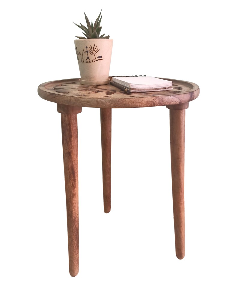 Hand Carved Round Coffee Table Wooden Foldable Table Boho Etsy