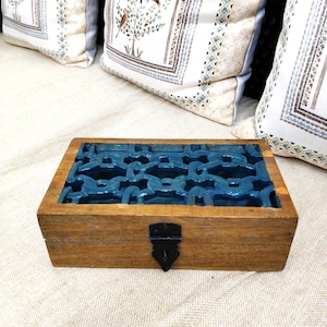 Handcarved Wooden Jewelry Box | Blue Chain Design Trinket Box | Rustic Sandook | Boho Keepsake Chest | Handmade Gift Box