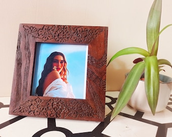 Wooden photo frame | carved picture frame | boho decor| Floral carving photo frame